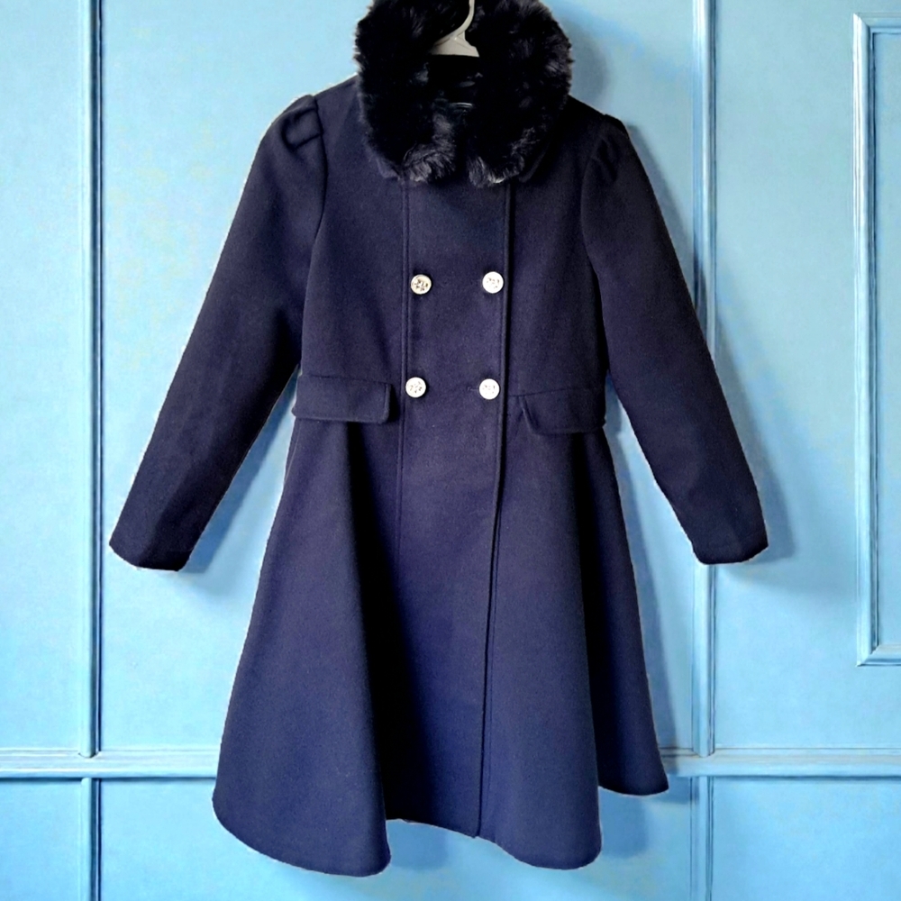 Rothchild Womens Princess Swing Coat XL 16 Dbl Breasted Faux Fur Collar Midnight